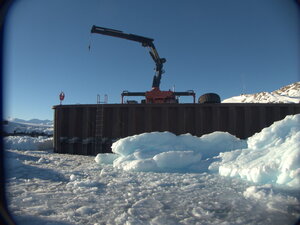 Approaching the wharf to dock. It appears there's a little ice in the way.